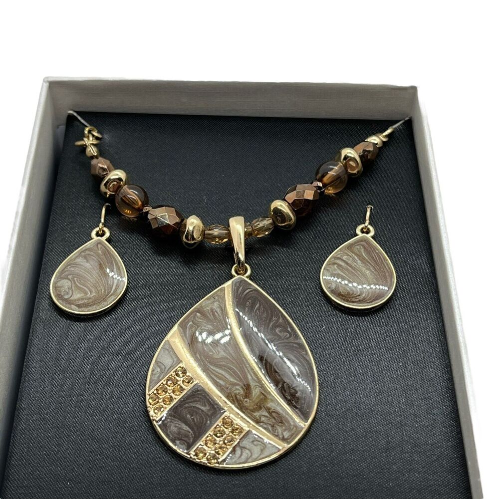 MIXIT Necklace Earring Set In Box Beaded Gold Tone Enamel Gift Statement Women